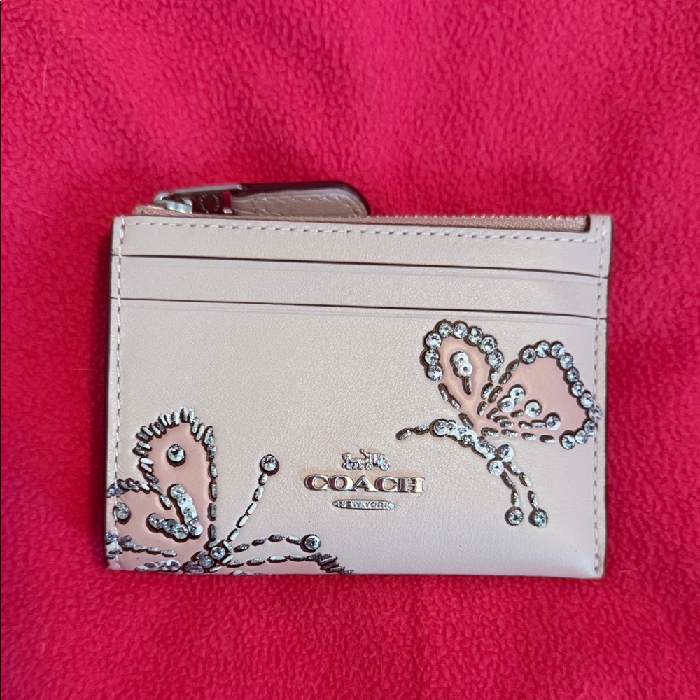 Coach Light Pink Card Holder with Butterfly Embellishments